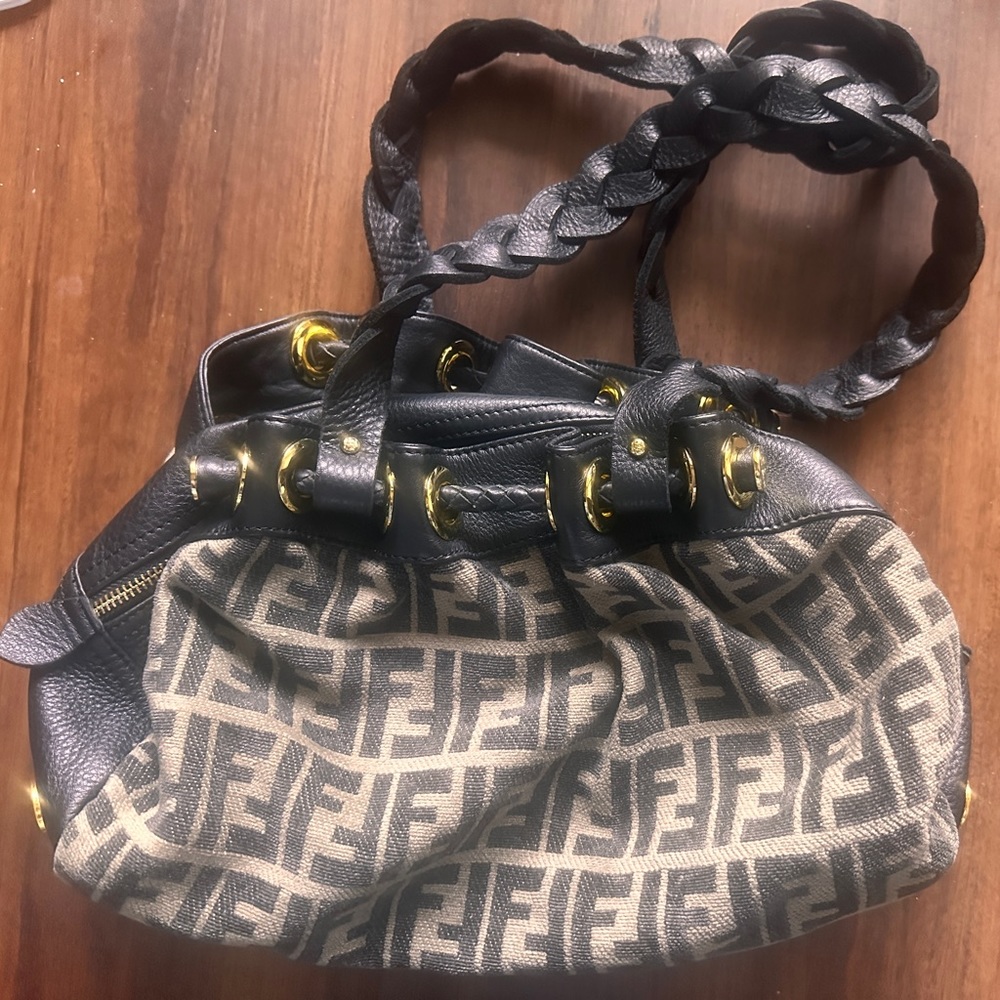 Authentic Fendi chenille fabric & leather shoulder bag